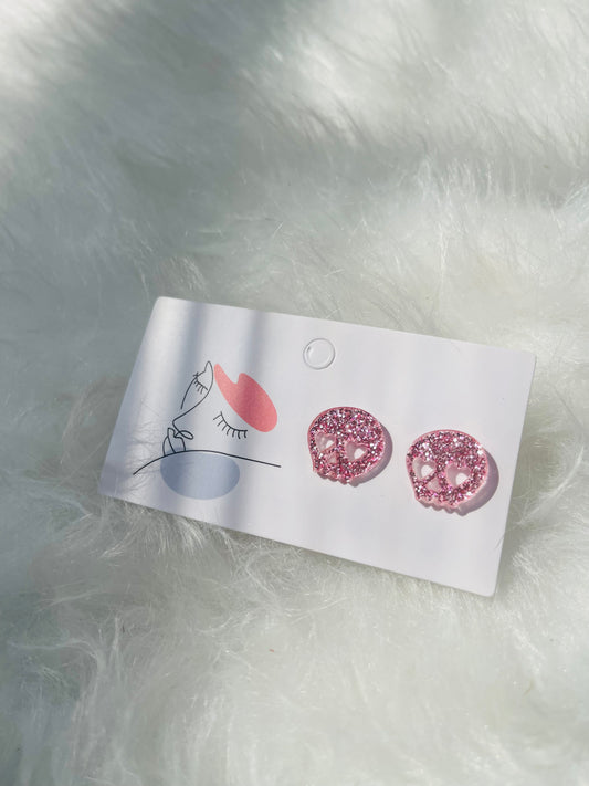 Sparkly Pink Skull Head Studs