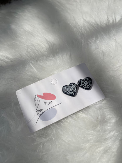 Sparkly Black Heart Cobweb Studs