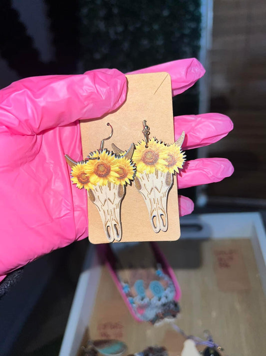 Cow Skull Sunflower Earrings