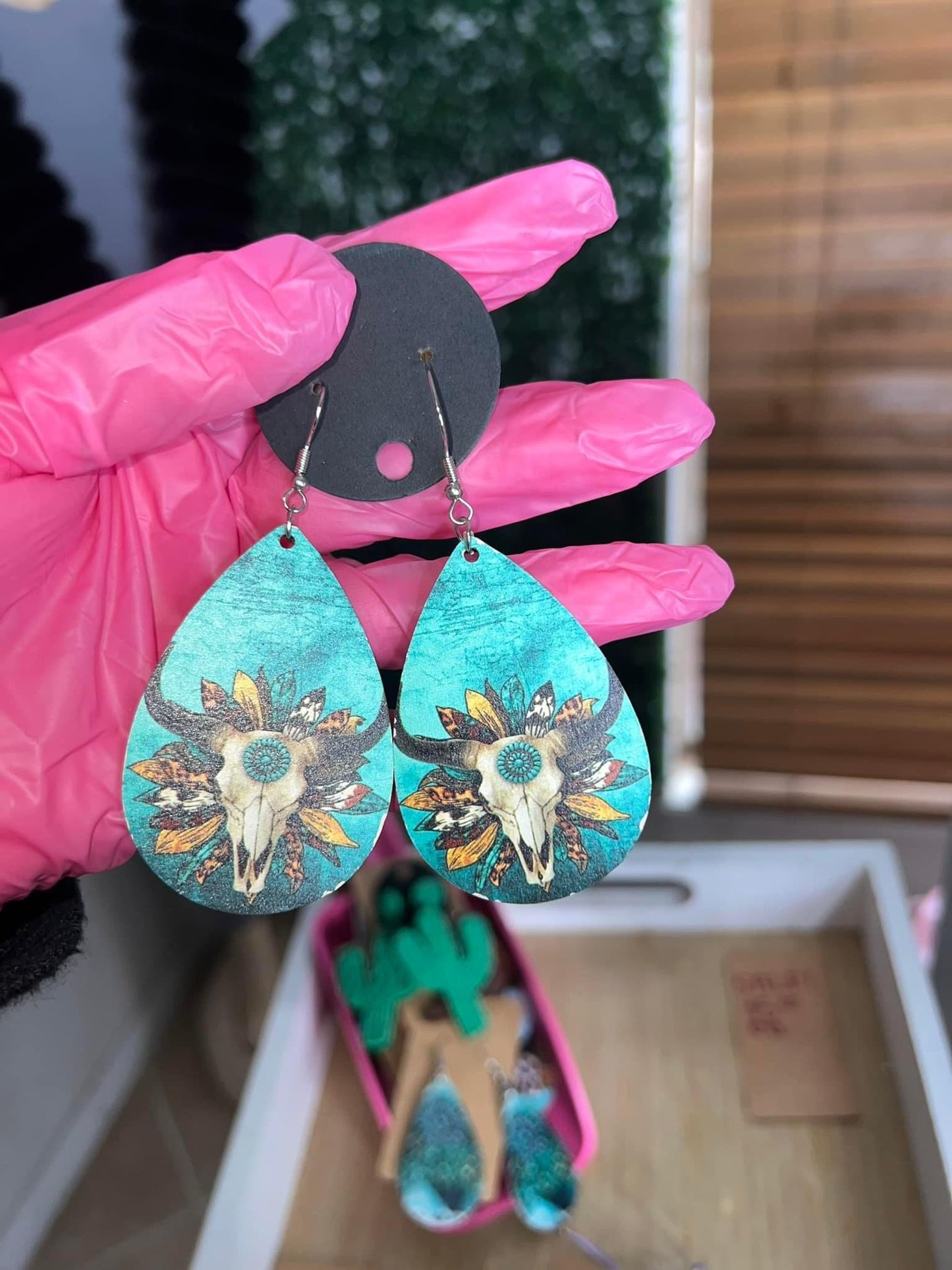 Turquoise Cow Skull Wooden Tear Drop Earrings